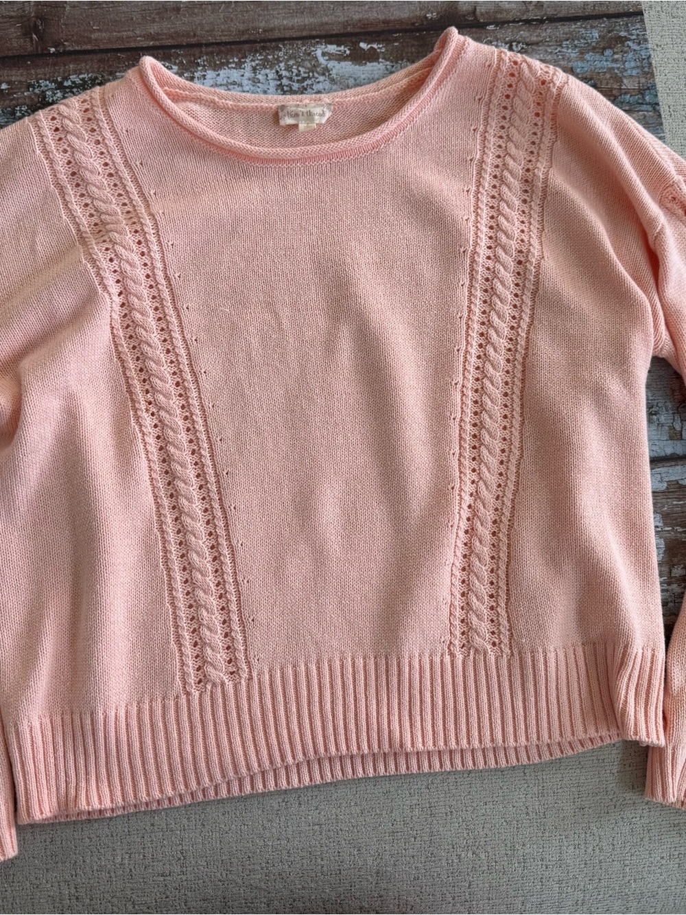 Hem & Thread Peach Cable Knit Detail Lightweight Crewneck Sweater Size Large